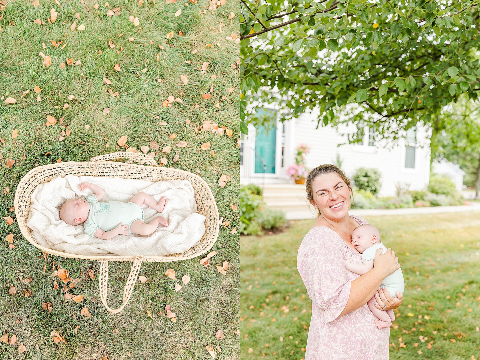 mom holds baby and baby lays in moses basket during outdoor newborn photo session with Sara Sniderman Photography in Natick Massachusetts