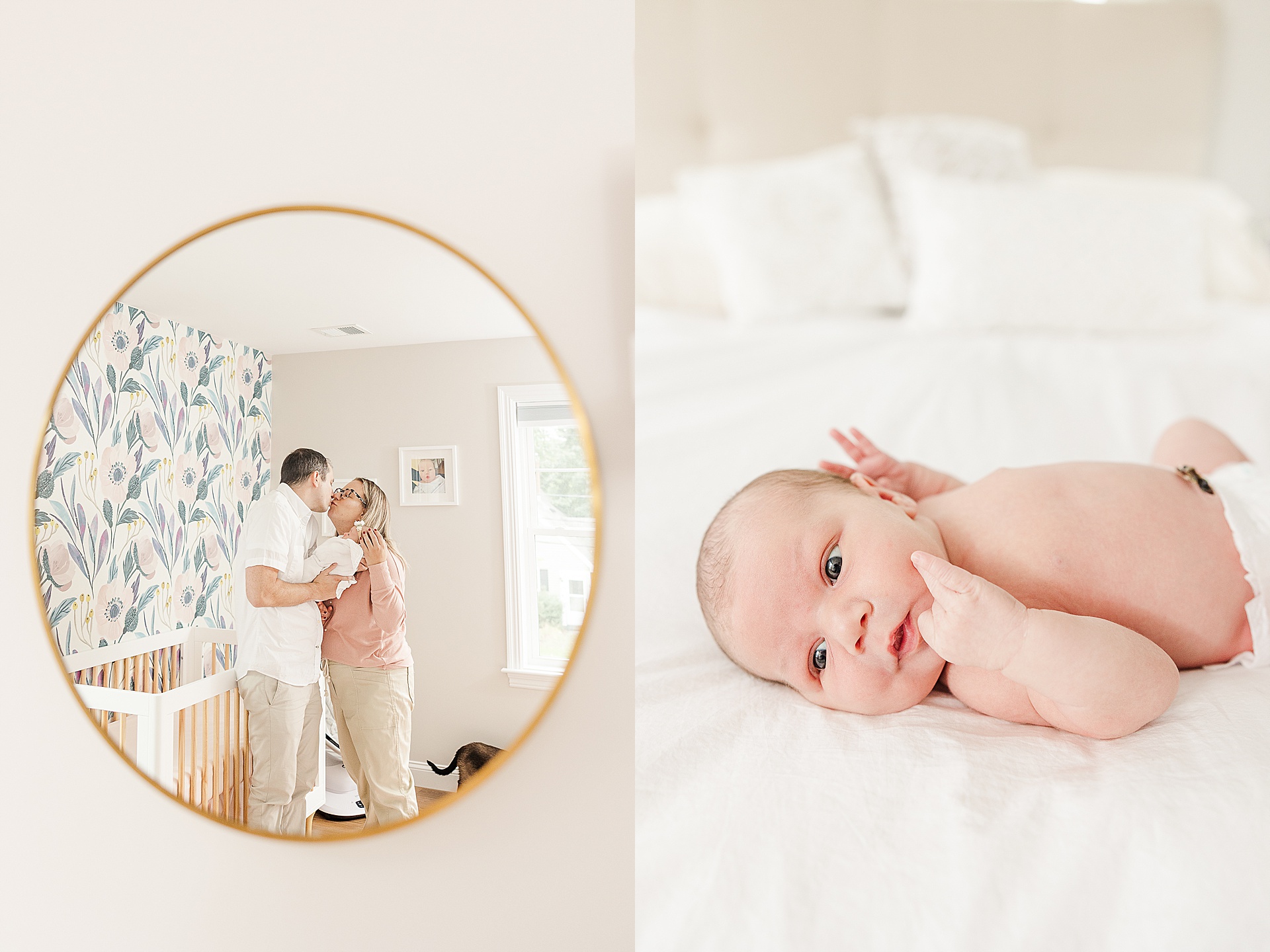 parents kiss holding baby in mirror during in home newborn photo session with Sara Sniderman Photography in Natick Massachusetts
