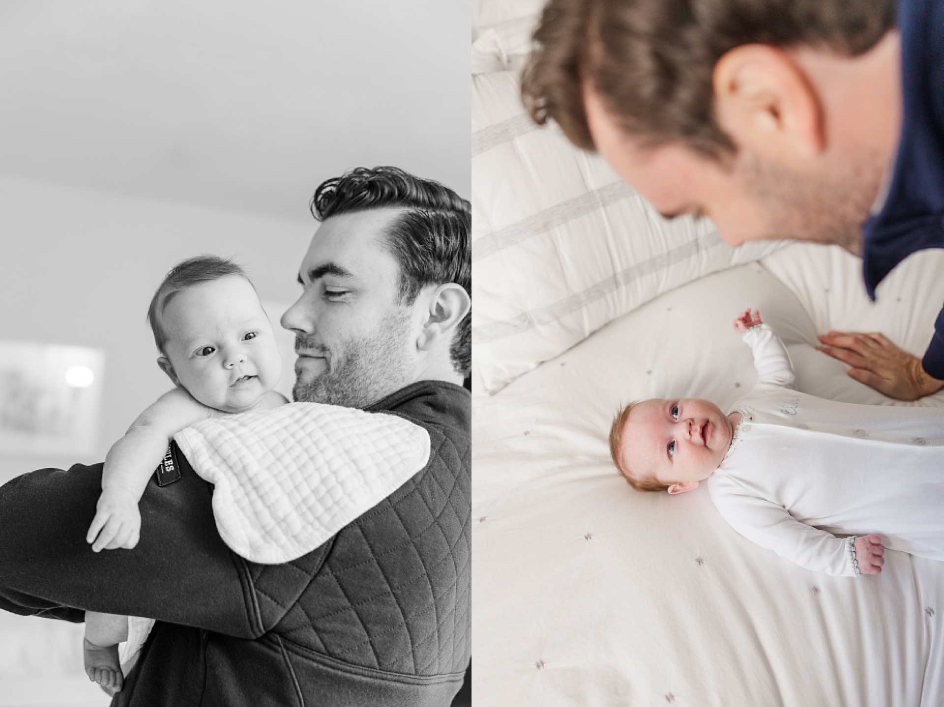 dad holds baby during in home newborn photo session with Sara Sniderman Photography in Natick Massachusetts