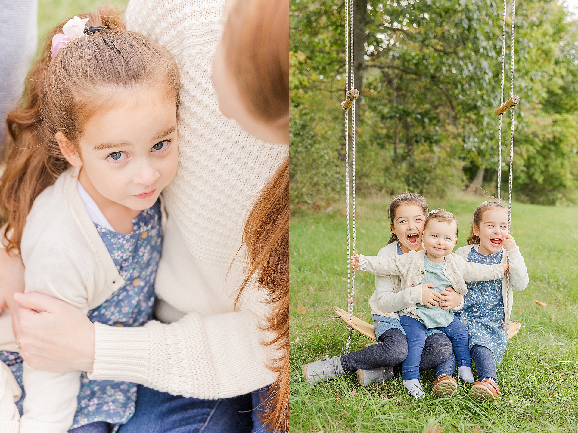 sisters on swing and mom hugs daughter If you baby is awake the whole session or sleeps the whole session that is OK!  I will capture baby however they are in that moment :)