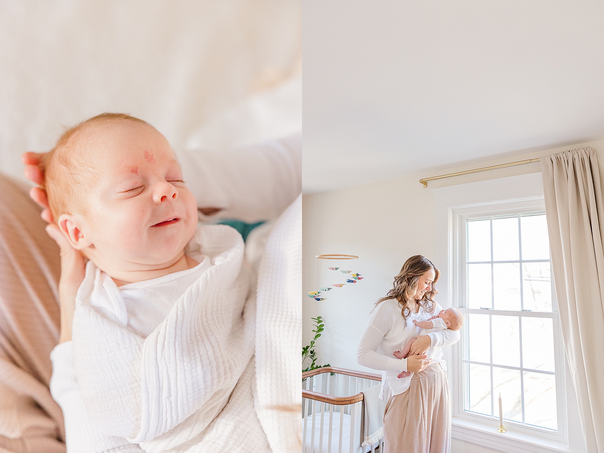 baby smiles and mom holds baby by window during in home newborn photo session for NICU baby in Natick Massachusetts