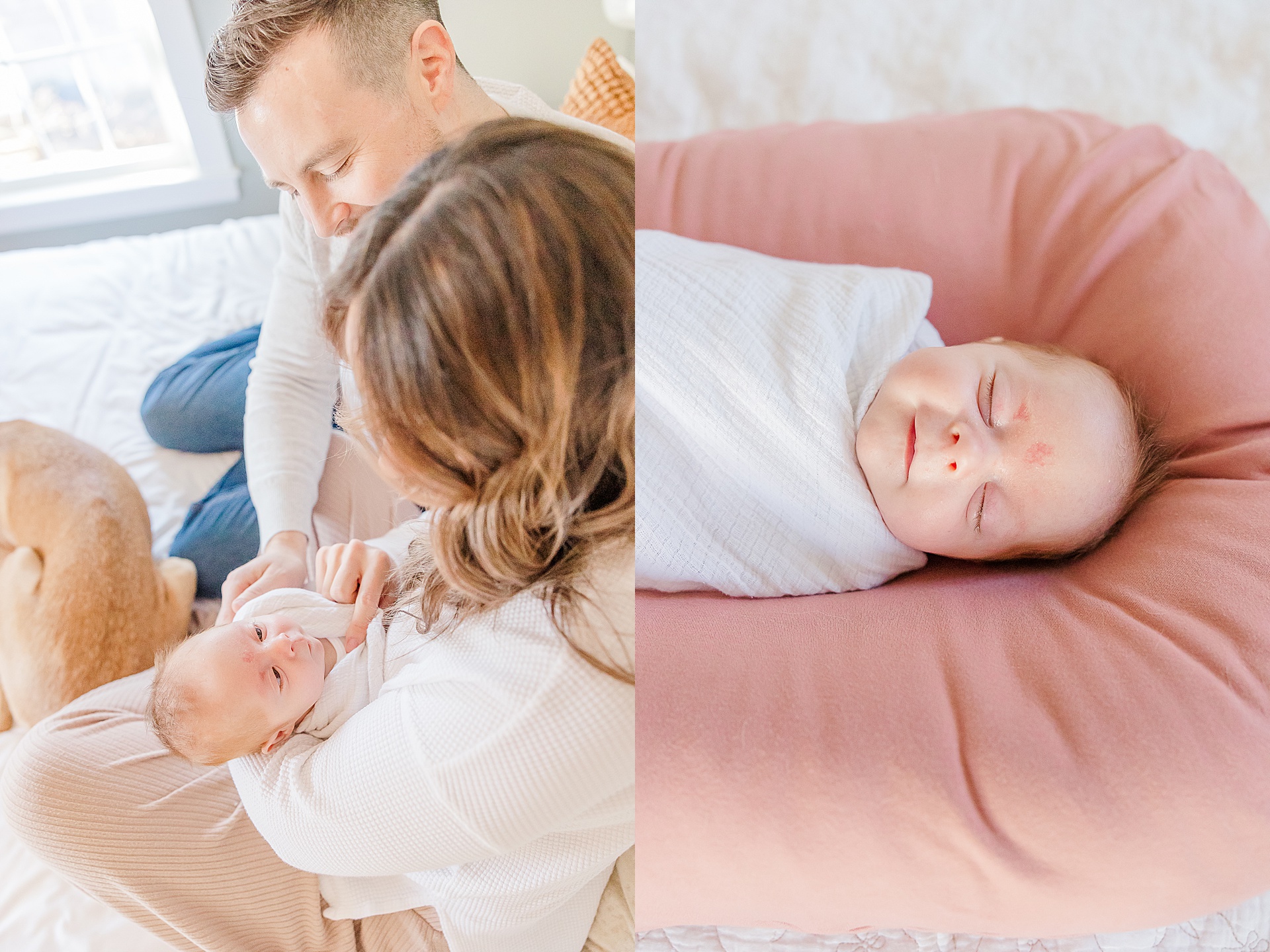 Parents hold baby and baby smiles during in home newborn photo session for NICU baby in Natick Massachusetts