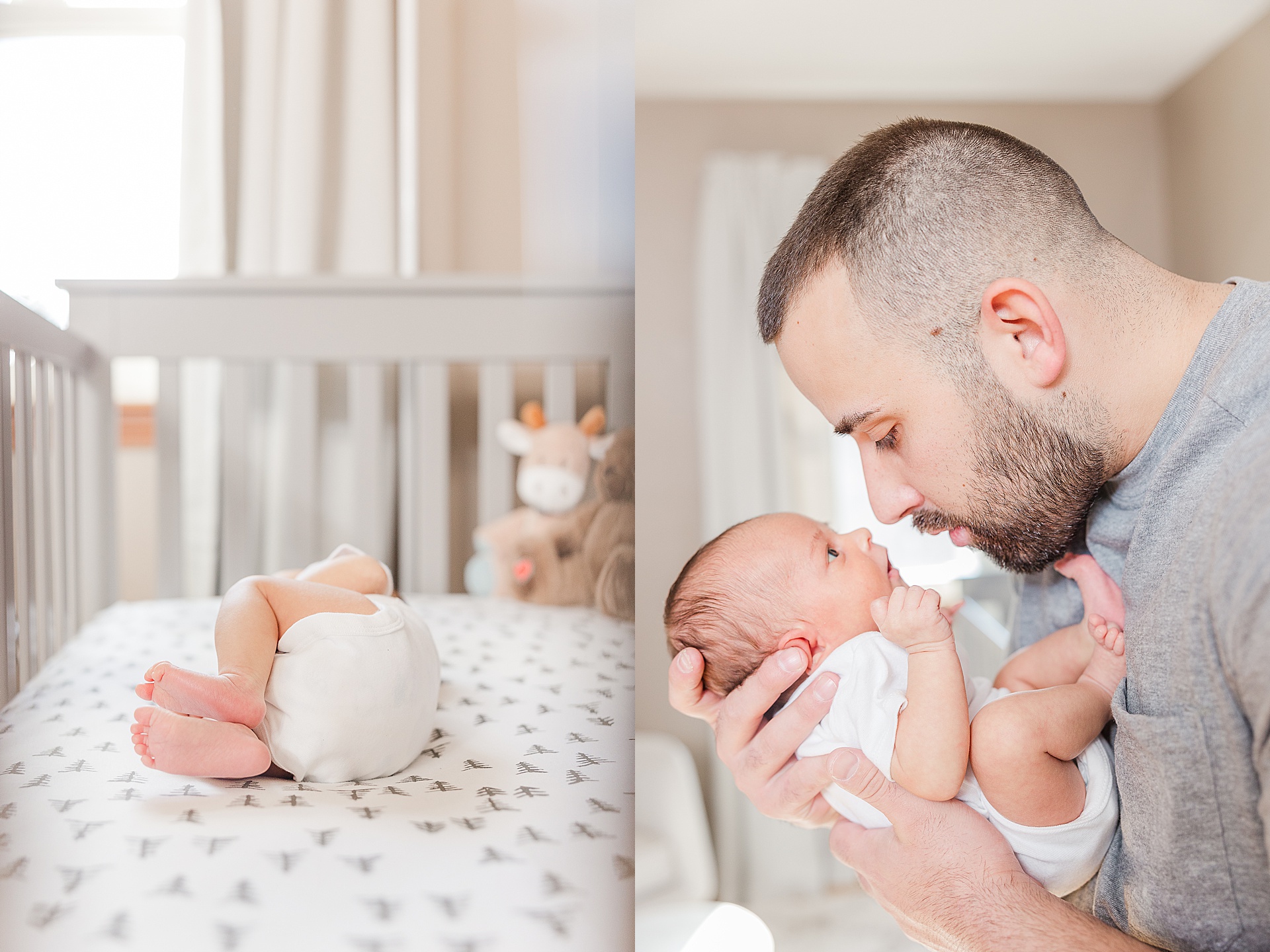 baby lays in crib and dad holds baby during in home photo session in Metro West Boston with Sara Sniderman Photography
