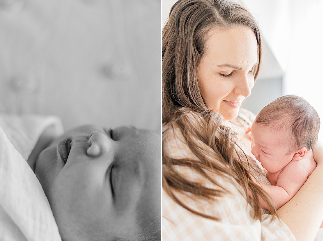 mom holds baby during in home newborn photography metro west boston with Sara Sniderman Photography