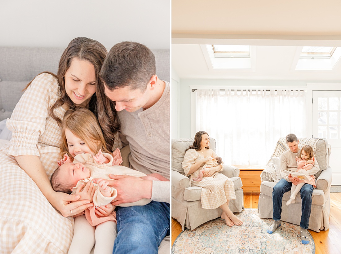 family holds baby during in home newborn photography metro west boston with Sara Sniderman Photography