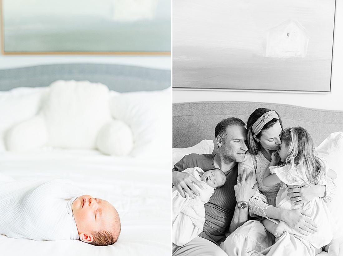 baby on bed during lifestyle newborn photo session in Natick Massachusetts with Sara Sniderman Photography 