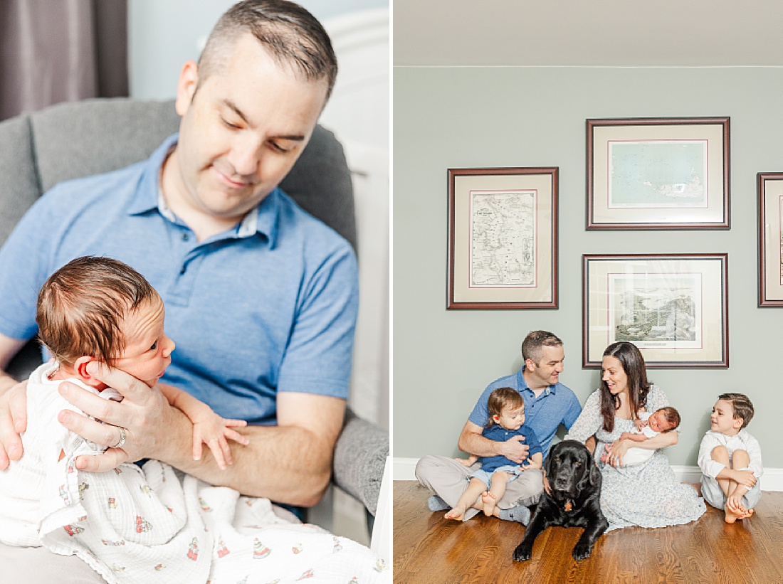 family sits with dog during In-home newborn photography in Metro West Boston with Sara Sniderman Photography