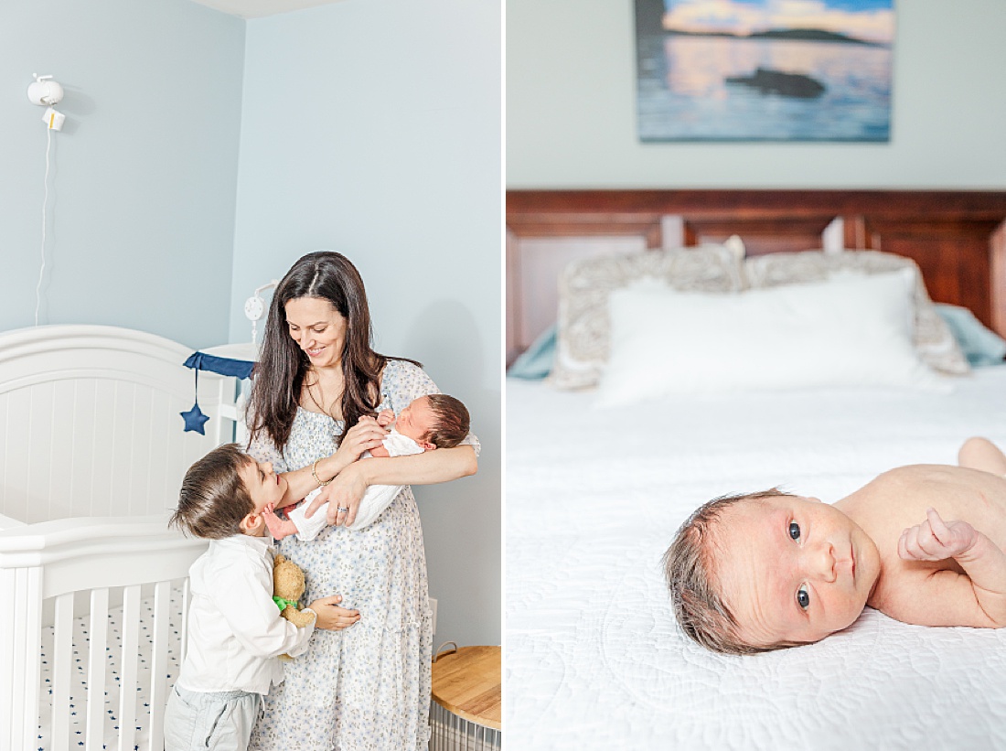 baby on bed during In-home newborn photography in Metro West Boston with Sara Sniderman Photography