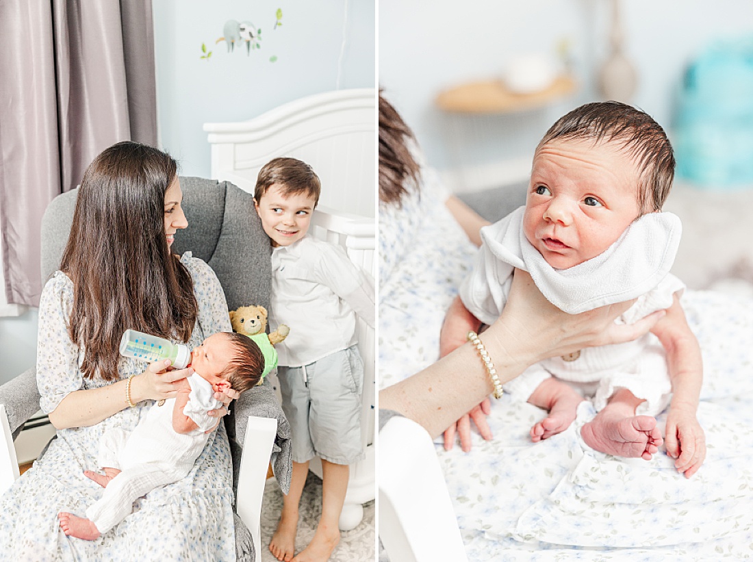 mom hold baby during In-home newborn photography in Metro West Boston with Sara Sniderman Photography