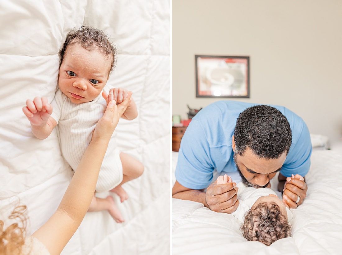 baby on bed during lifestyle newborn photo session in metro west Boston with Sara Sniderman Photography