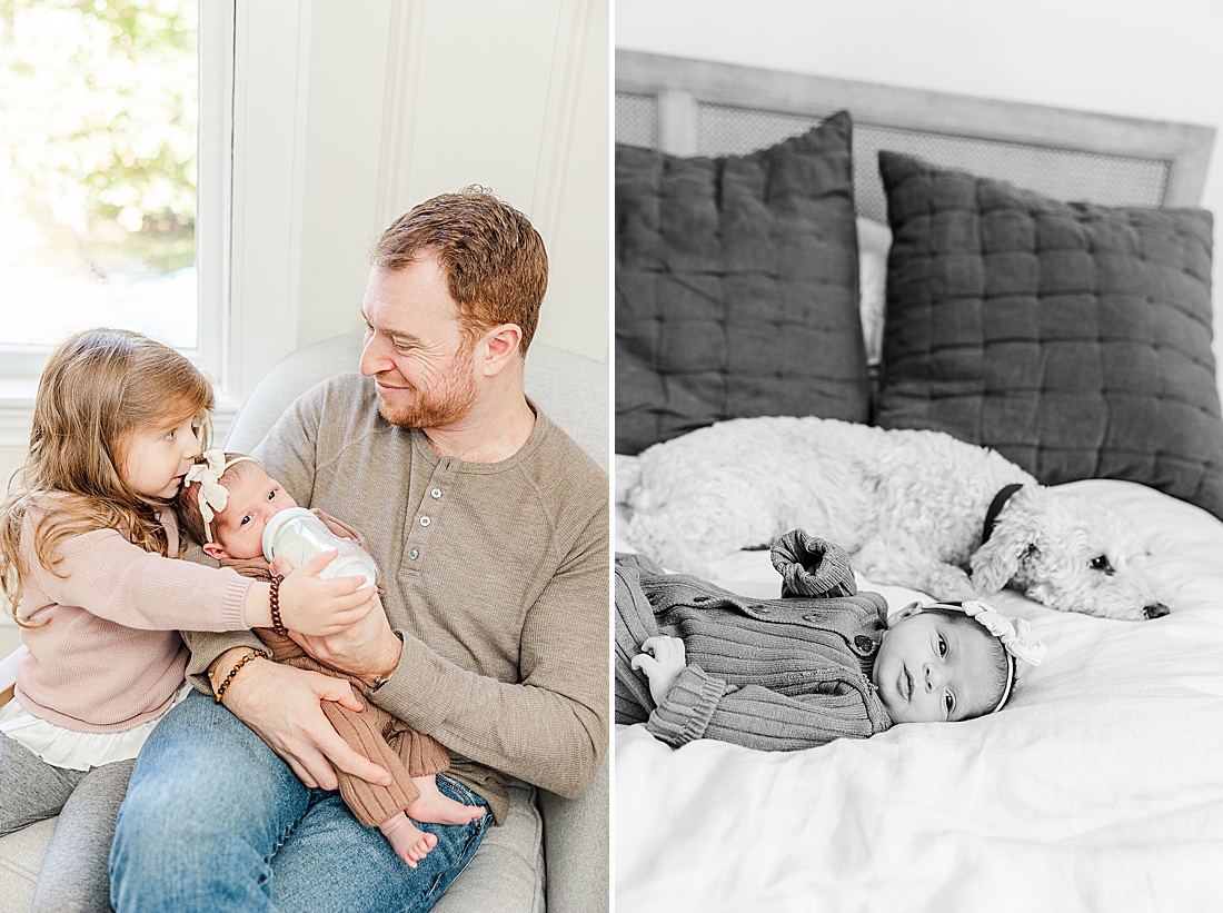 in-home newborn photo session with big sister and dog with Sara Sniderman Photography in Wayland Massachusetts