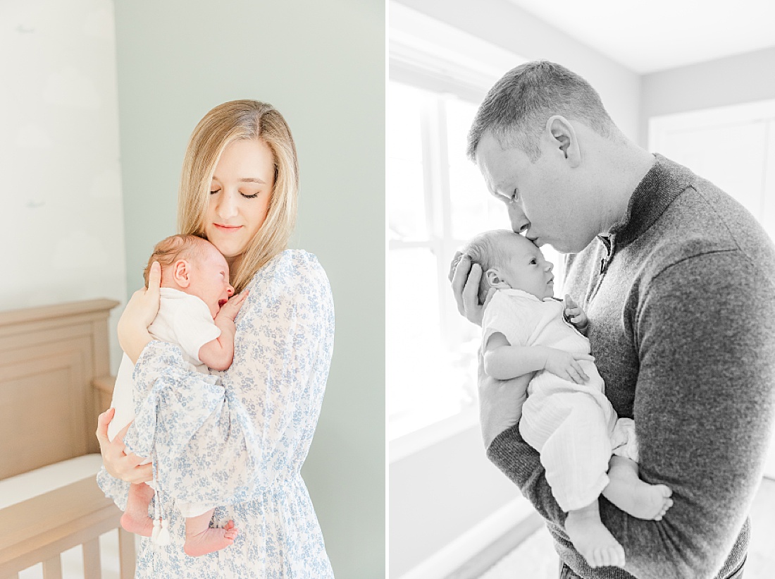 parents hold baby during in home newborn photo session in Natick Massachusetts with Sara Sniderman Photography