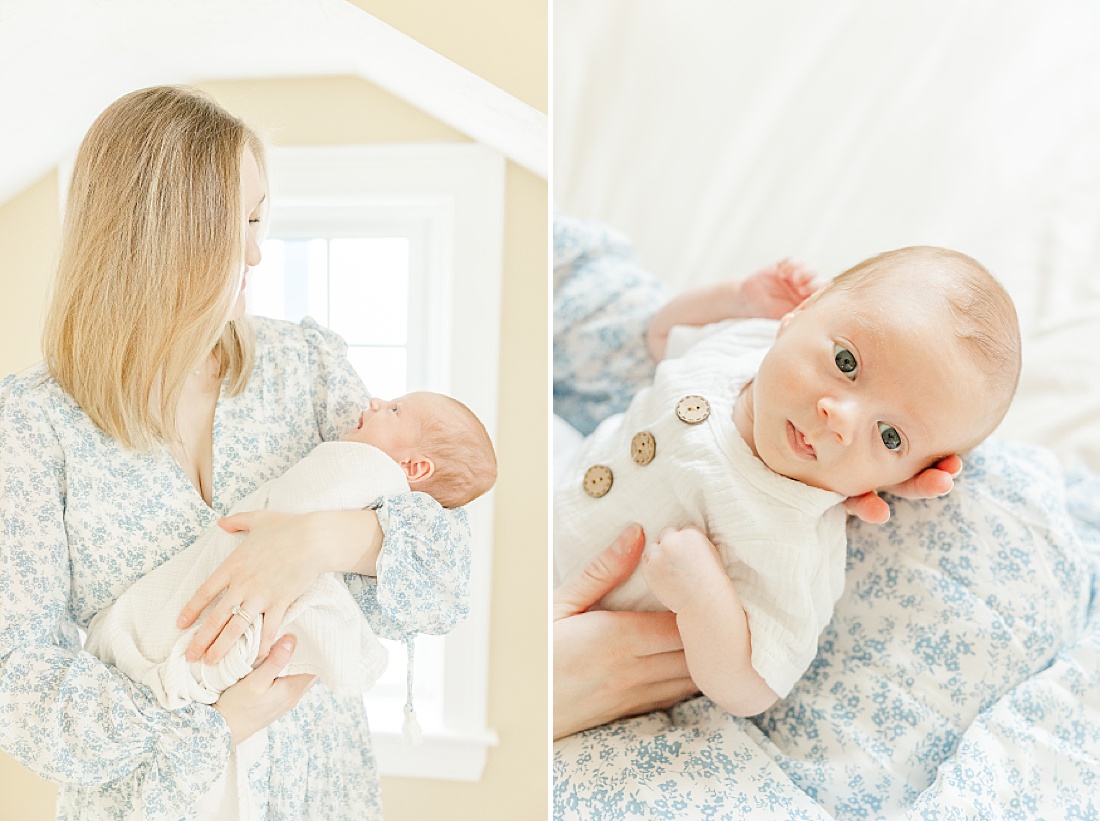 mom holds baby during in home newborn photo session in Natick Massachusetts with Sara Sniderman Photography
