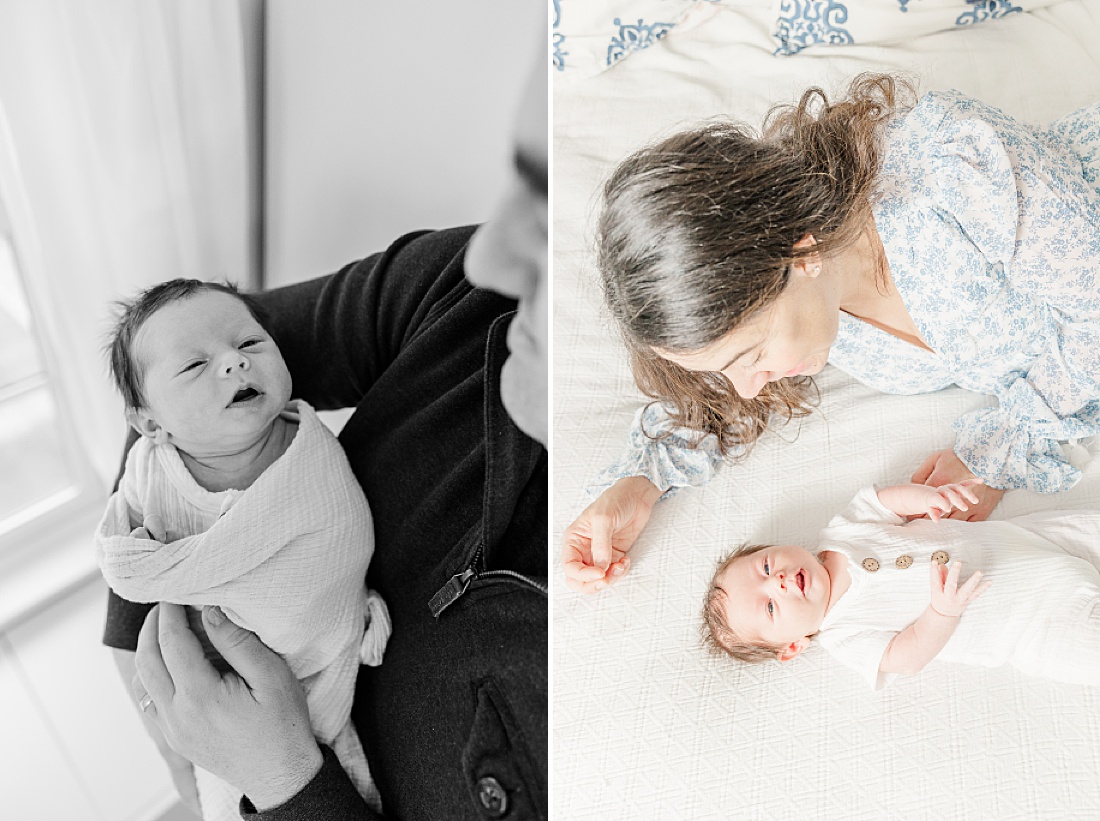 parents hold baby during in-home newborn photo session with Sara Sniderman Photography in Needham Massachusetts