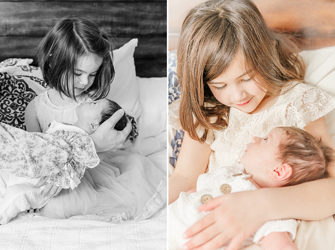 sisters hold newborn during in-home newborn photo session with Sara Sniderman Photography in Needham Massachusetts