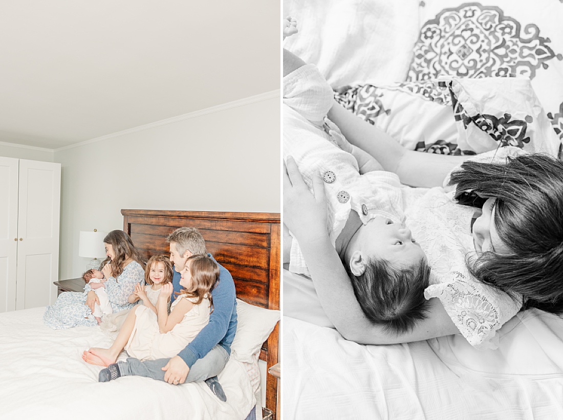 family on bed during in-home newborn photo session with Sara Sniderman Photography in Needham Massachusetts