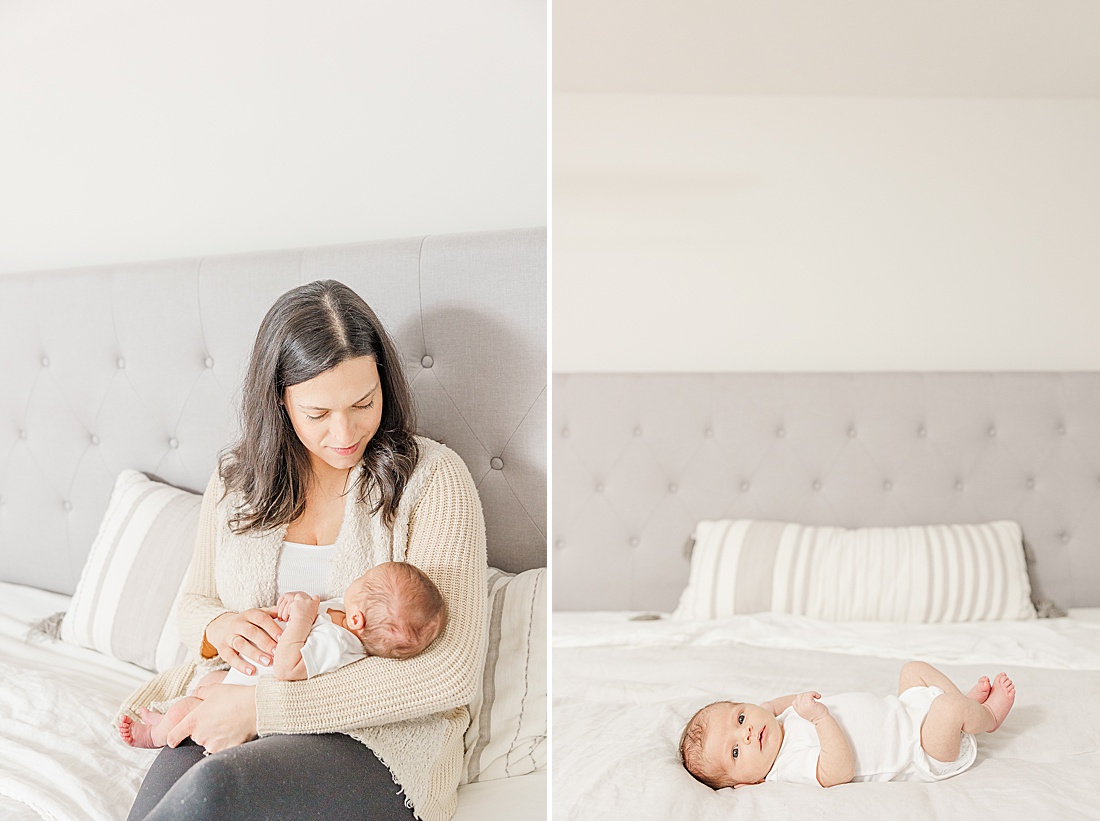 mom holds baby during in-home newborn photo session in Natick Massachusetts with Sara Sniderman Photography