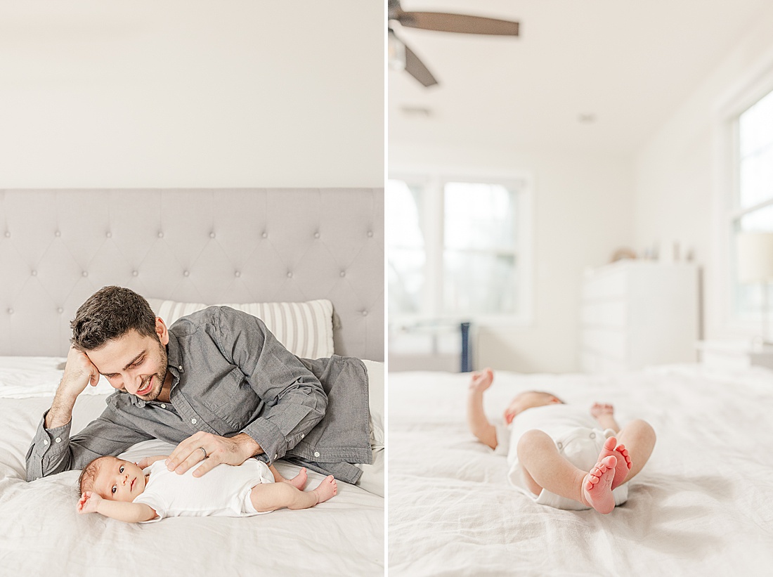 dad lays on bed with newborn during in-home newborn photo session in Natick Massachusetts with Sara Sniderman Photography