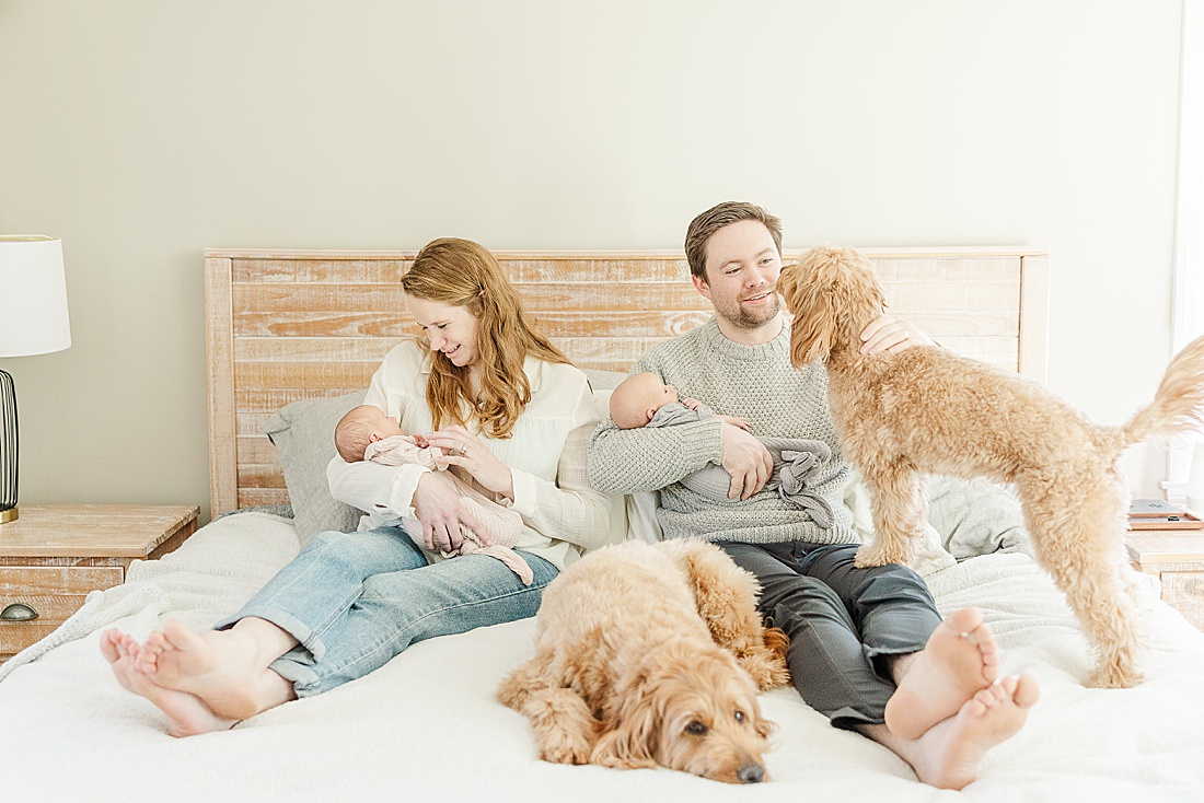 family on bed during twin newborn photo session with Sara Sniderman Photography in Natick Massachusetts