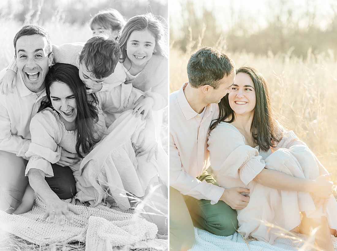 kids jump on parents during winter photo session in tall golden grass at medfield state hospital with Sara Sniderman Photography