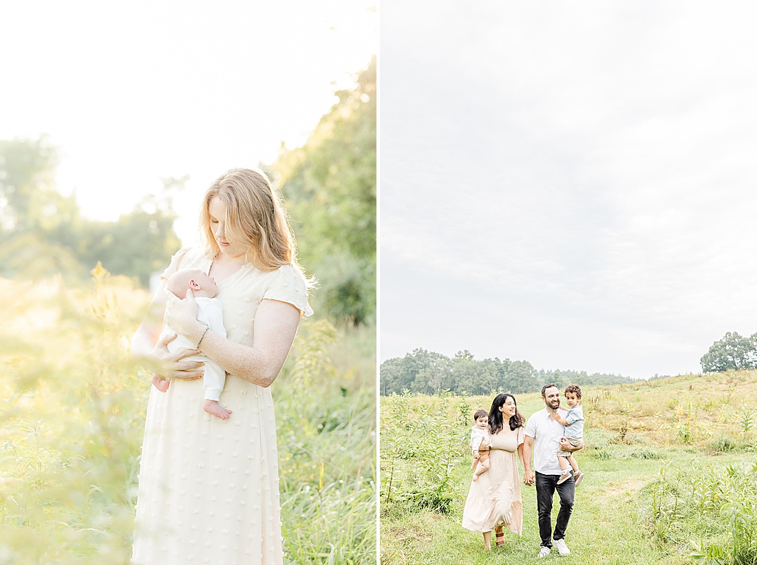 mom holds baby during summer family photo session with Sara Sniderman Photography in MetroWest Boston Massachusetts