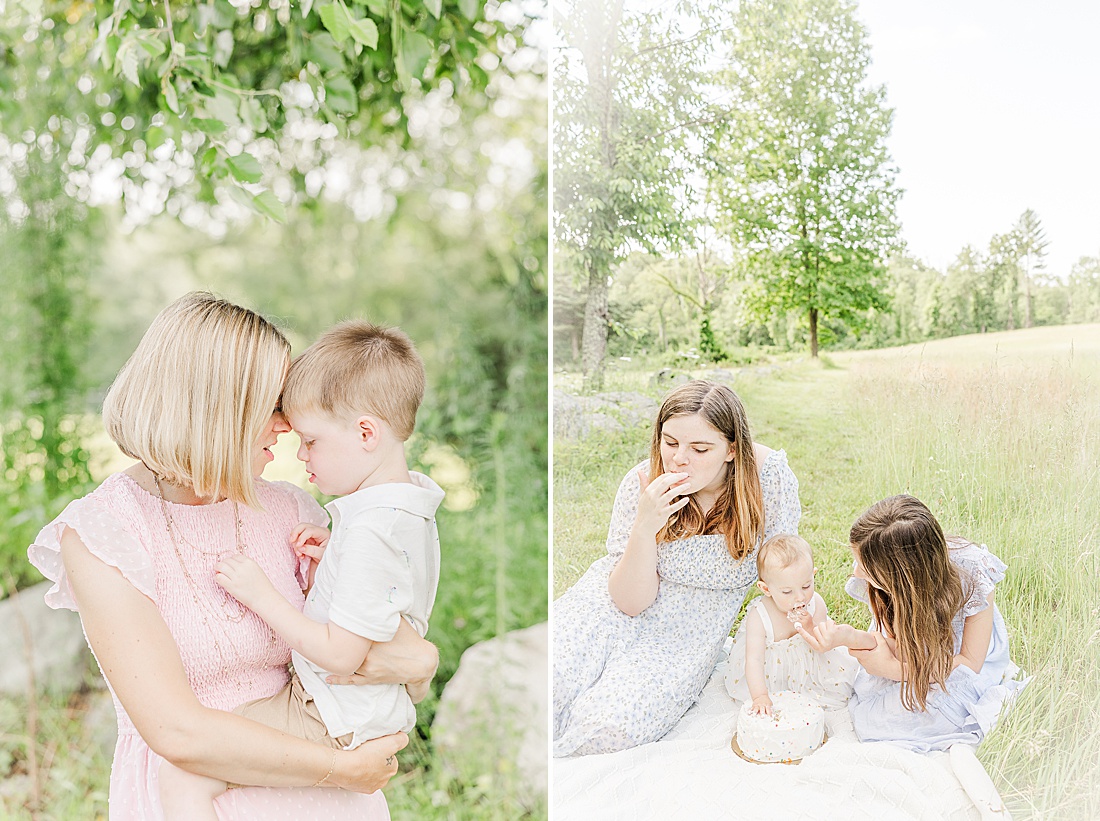 sisters eat cake during summer family photo session with Sara Sniderman Photography in MetroWest Boston Massachusetts