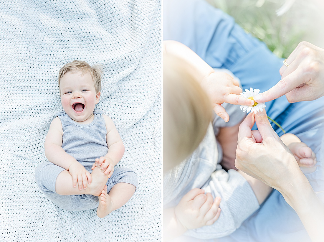 baby touches flower during summer family photo session with Sara Sniderman Photography in MetroWest Boston Massachusetts