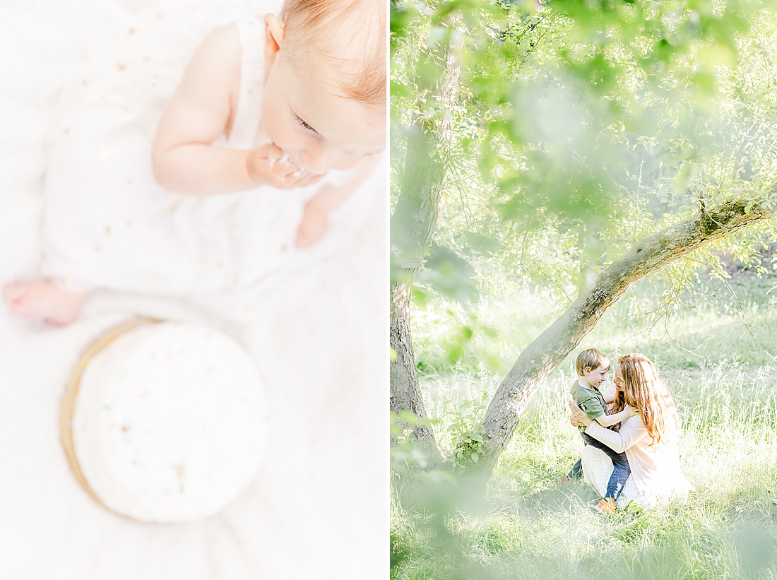 mom sits under tree with son during summer family photo session with Sara Sniderman Photography in MetroWest Boston Massachusetts