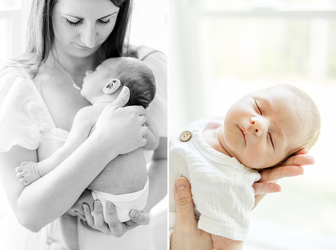 mother holds baby during in-home photo session in Millis Massachusetts with Sara Sniderman Photography