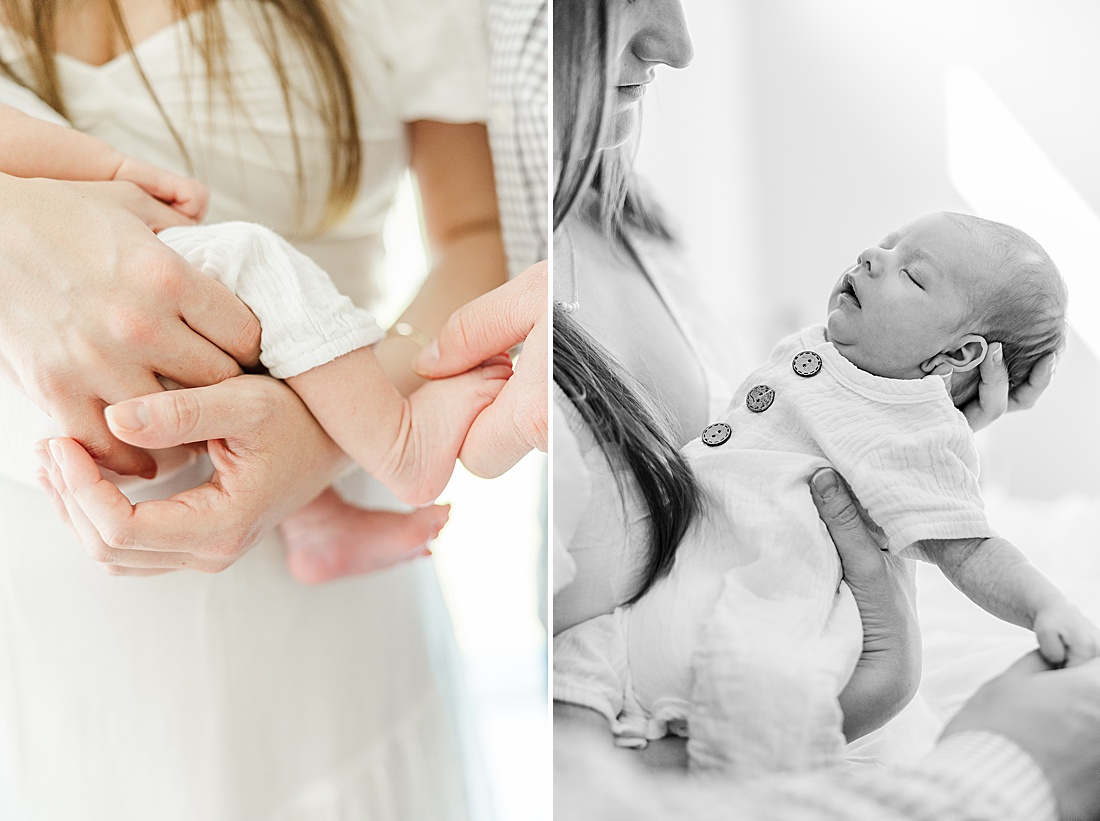 mom holds baby during in-home photo session in Millis Massachusetts with Sara Sniderman Photography