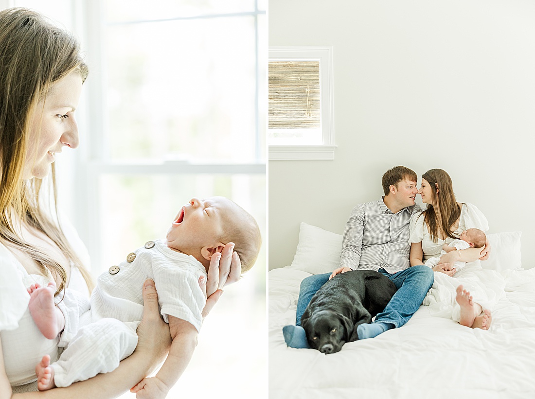 family cuddles on bed during in-home photo session in Millis Massachusetts with Sara Sniderman Photography