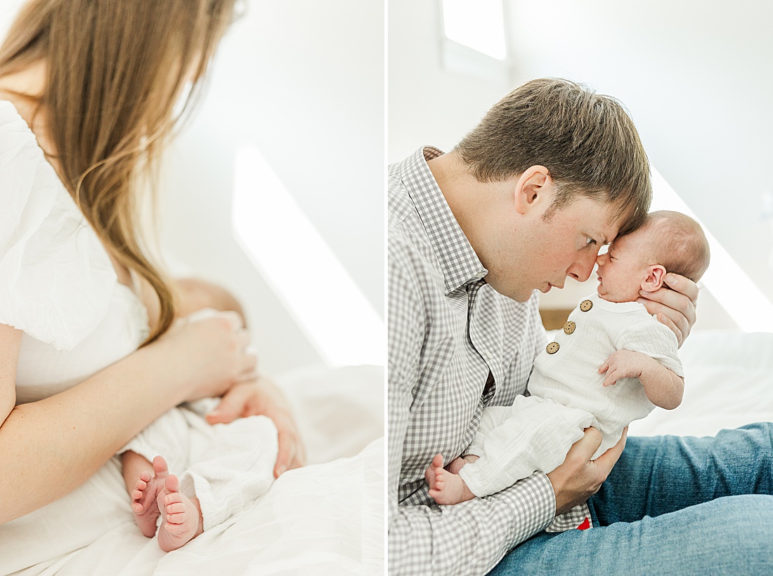 parents hold baby during in-home photo session in Millis Massachusetts with Sara Sniderman Photography