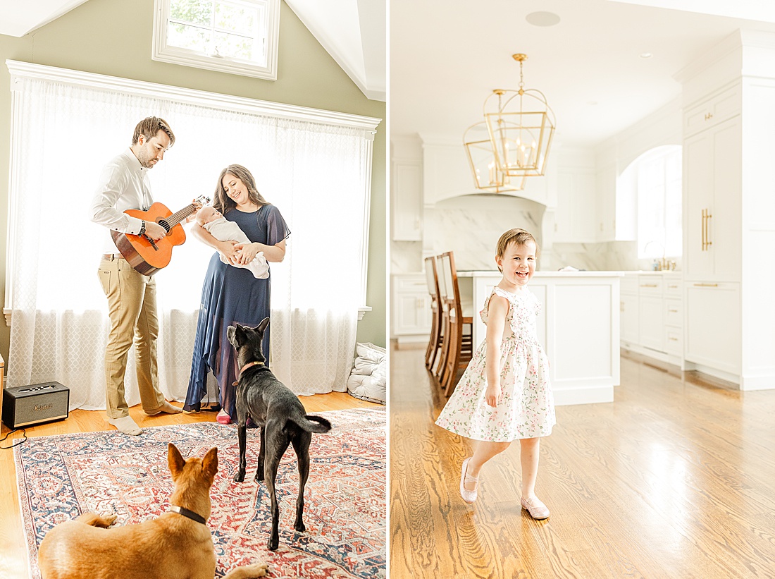 husband plays guitar during in home family photo session with Sara Sniderman Photography in Metro West Boston