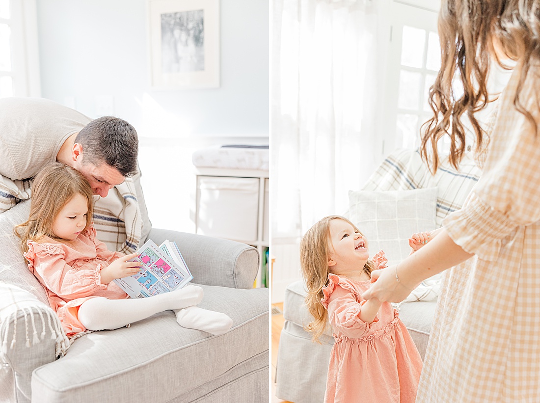 dad reads with daughter during in home family photo session with Sara Sniderman Photography in Metro West Boston