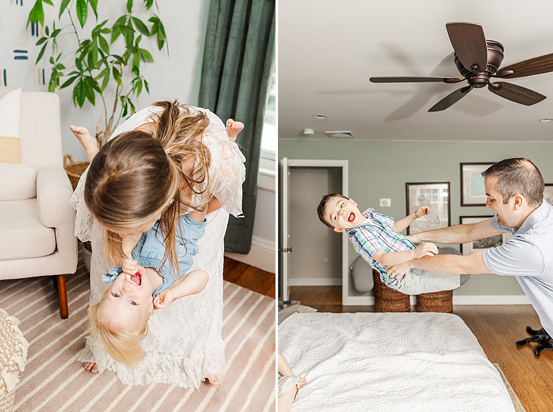 parents play with kids during in home family photo session with Sara Sniderman Photography in Metro West Boston