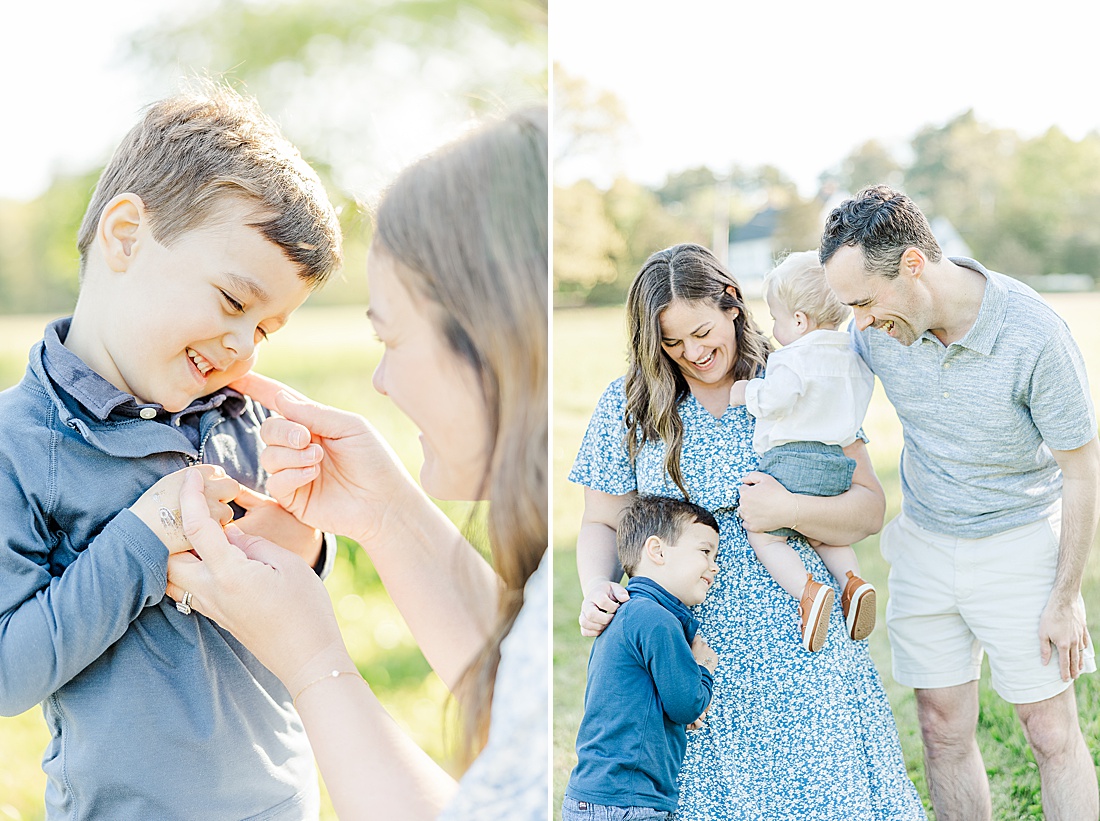 family snuggles during Spring Morning family photo session at Sprindale field in Dover Massachusetts with Sara Sniderman Photography. 