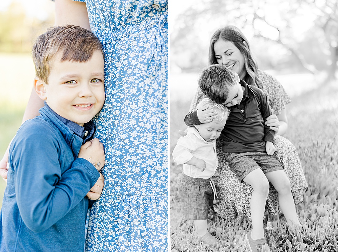 boy holds moms dress during Spring Morning family photo session at Sprindale field in Dover Massachusetts with Sara Sniderman Photography. 