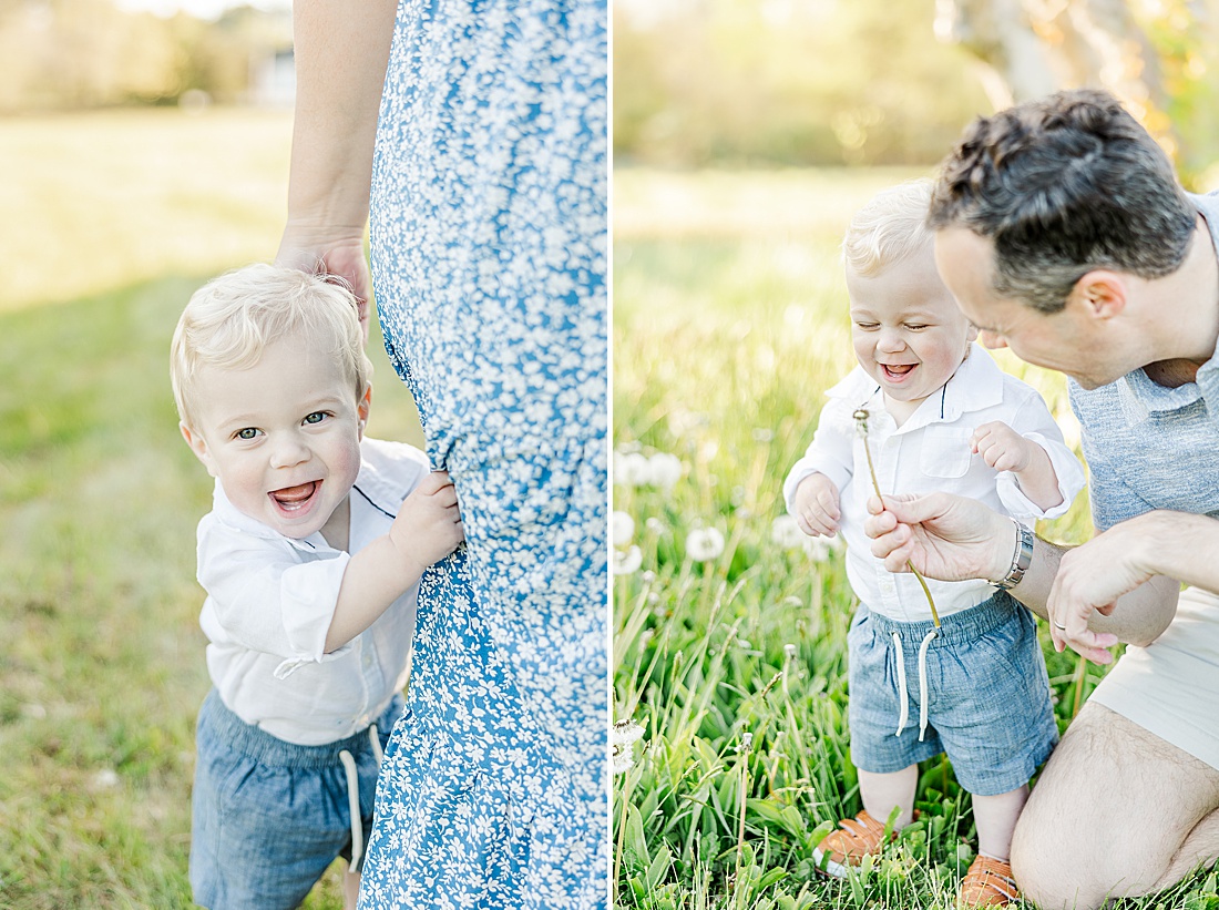 boy holds on to mom doing Spring Morning family photo session at Sprindale field in Dover Massachusetts with Sara Sniderman Photography. 