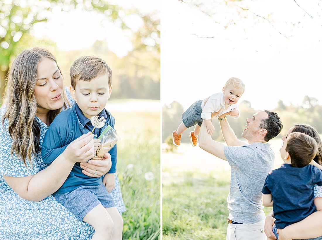 mother and son blow dandelion during Spring Morning family photo session at Sprindale field in Dover Massachusetts with Sara Sniderman Photography. 