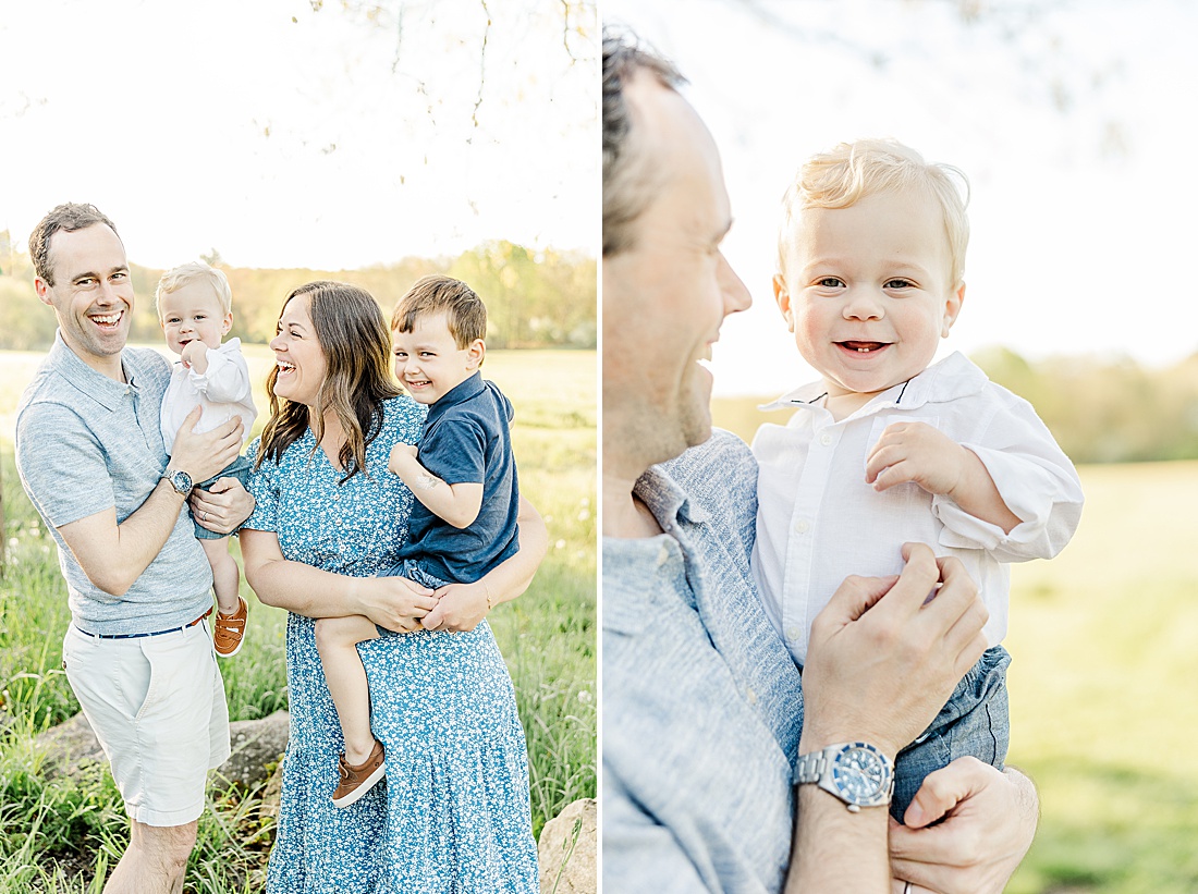 family smiles together during Spring Morning family photo session at Sprindale field in Dover Massachusetts with Sara Sniderman Photography. 