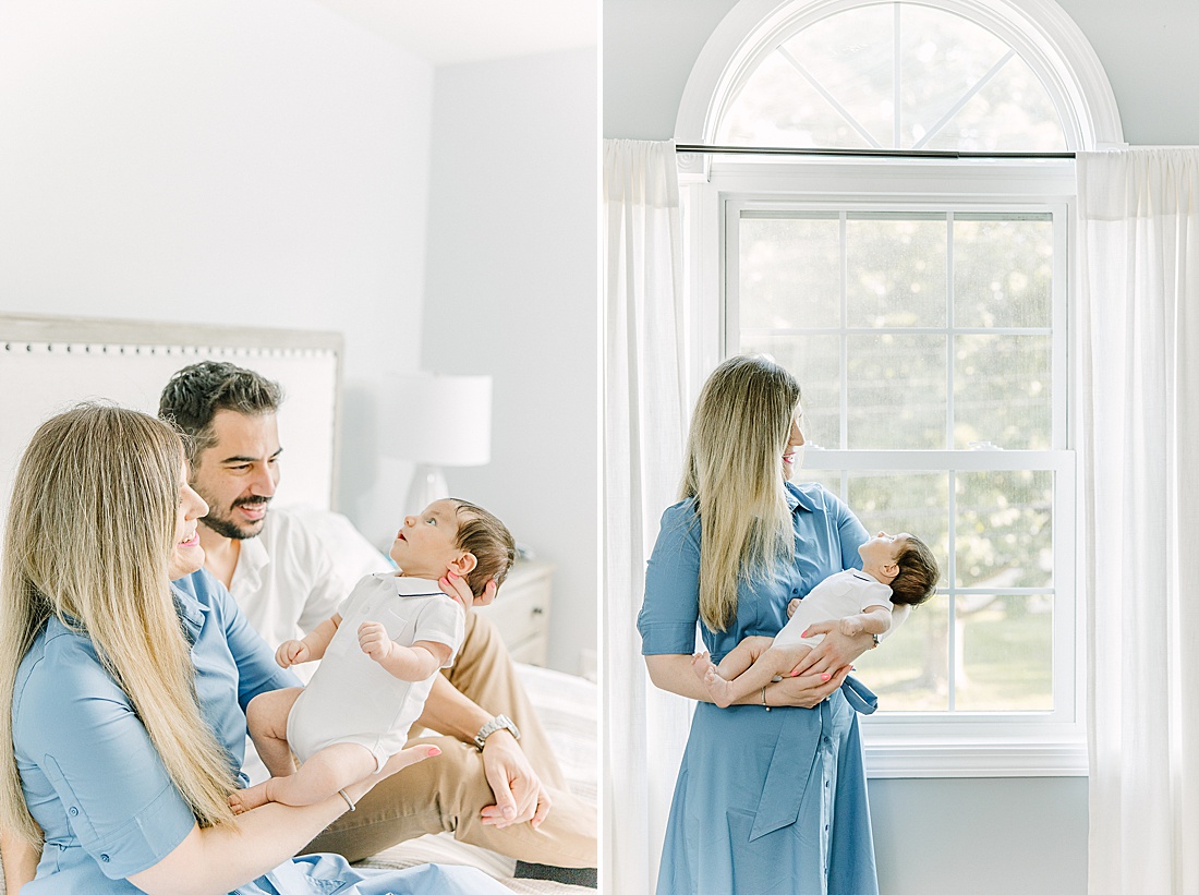 Image of professional maternity and newborn photo session taken by Sara Sniderman Photography, a family, newborn and maternity photographer serving the Metro West Boston area include: Natick, Needham, Newton, Wellesley, Wayland, Weston, Sherborn, Sudbury, Southborough, Medfield, Medway, Holliston, Framingham. The image is of parents on bed holding baby 