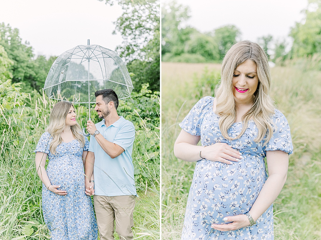 Image of professional maternity and newborn photo session taken by Sara Sniderman Photography, a family, newborn and maternity photographer serving the Metro West Boston area include: Natick, Needham, Newton, Wellesley, Wayland, Weston, Sherborn, Sudbury, Southborough, Medfield, Medway, Holliston, Framingham. The image is of maternity session with umbrella