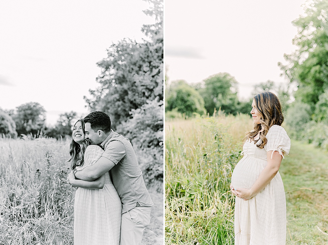 Image of professional newborn photos taken by Sara Sniderman Photography, a family, newborn and maternity photographer serving the Metro West Boston area include: Natick, Needham, Newton, Wellesley, Wayland, Weston, Sherborn, Sudbury, Southborough, Medfield, Medway, Holliston, Framingham. Image shows pregnant woman in a field. 