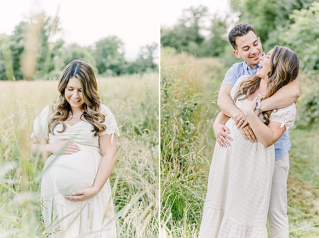 Image of professional maternity photos taken by Sara Sniderman Photography, a family, newborn and maternity photographer serving the Metro West Boston area include: Natick, Needham, Newton, Wellesley, Wayland, Weston, Sherborn, Sudbury, Southborough, Medfield, Medway, Holliston, Framingham. Image shows pregnant couple laughing together in a field of tall grass. 