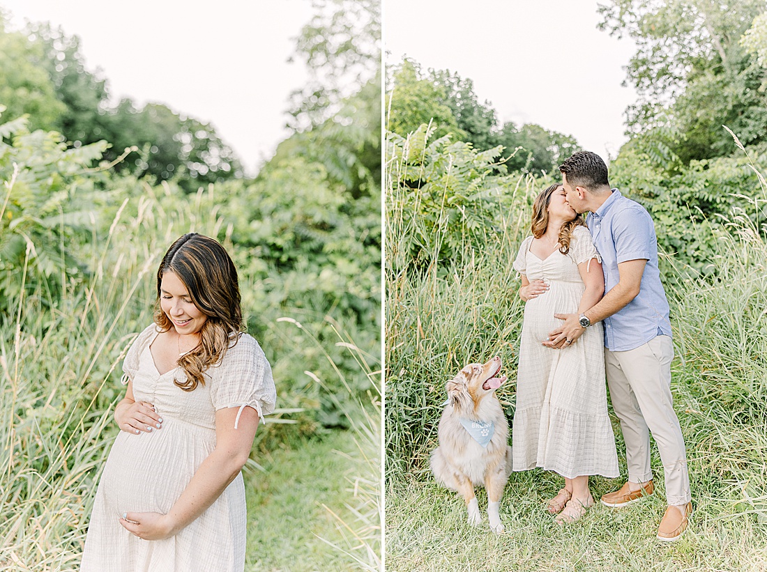 Image of professional maternity photos taken by Sara Sniderman Photography, a family, newborn and maternity photographer serving the Metro West Boston area include: Natick, Needham, Newton, Wellesley, Wayland, Weston, Sherborn, Sudbury, Southborough, Medfield, Medway, Holliston, Framingham. Image shows woman holding belly in a field