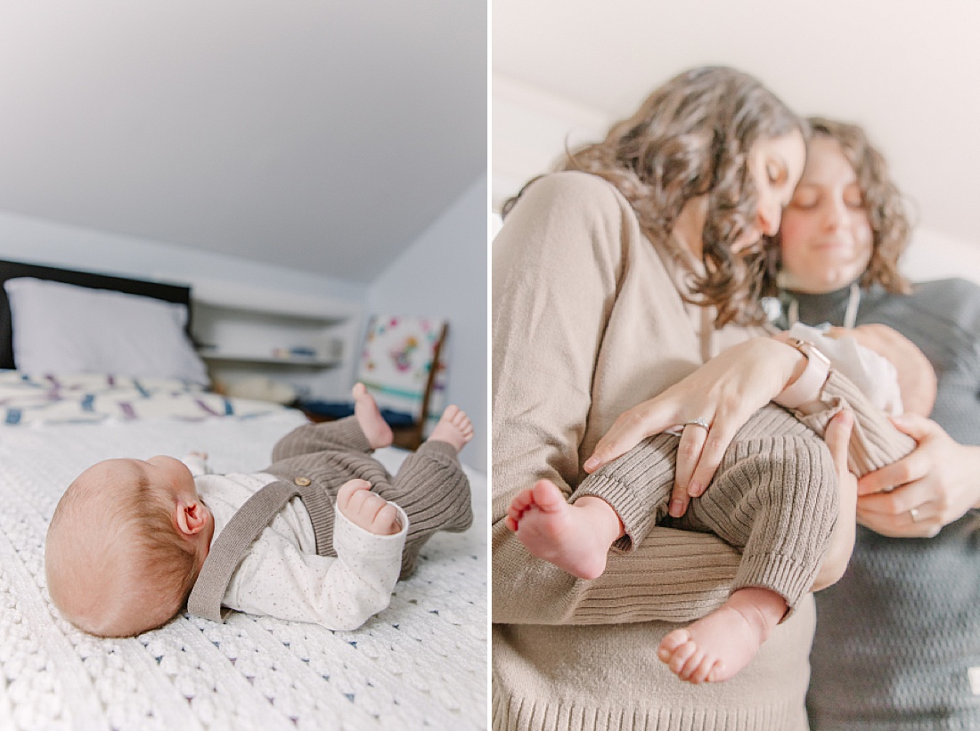 baby lays on bed and parents hold baby during in home newborn photo session with Sara Sniderman Photography in Natick Massachusetts 