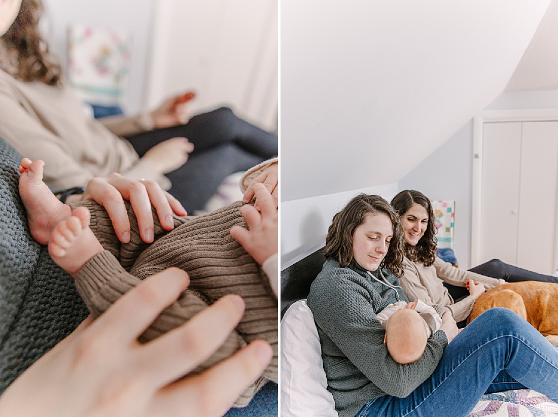 family cuddle on bed during in home newborn photo session with Sara Sniderman Photography in Natick Massachusetts 