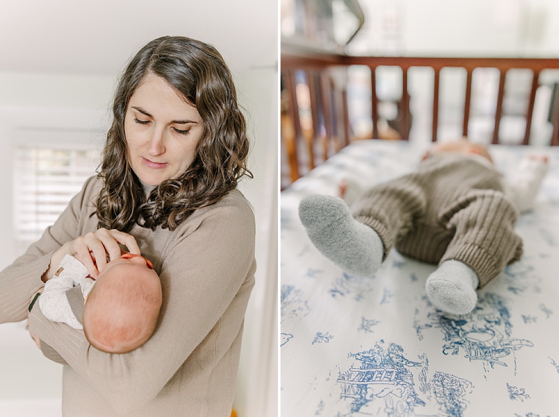 mom holds baby using neutral pacifier during in home newborn photo session with Sara Sniderman Photography in Natick Massachusetts 