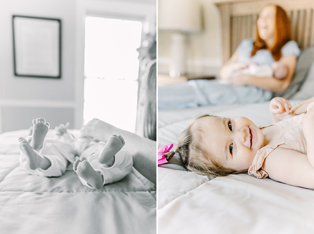 4 baby feet on bed during twin newborn photo session in Natick Massachusetts with Sara Sniderman Photography