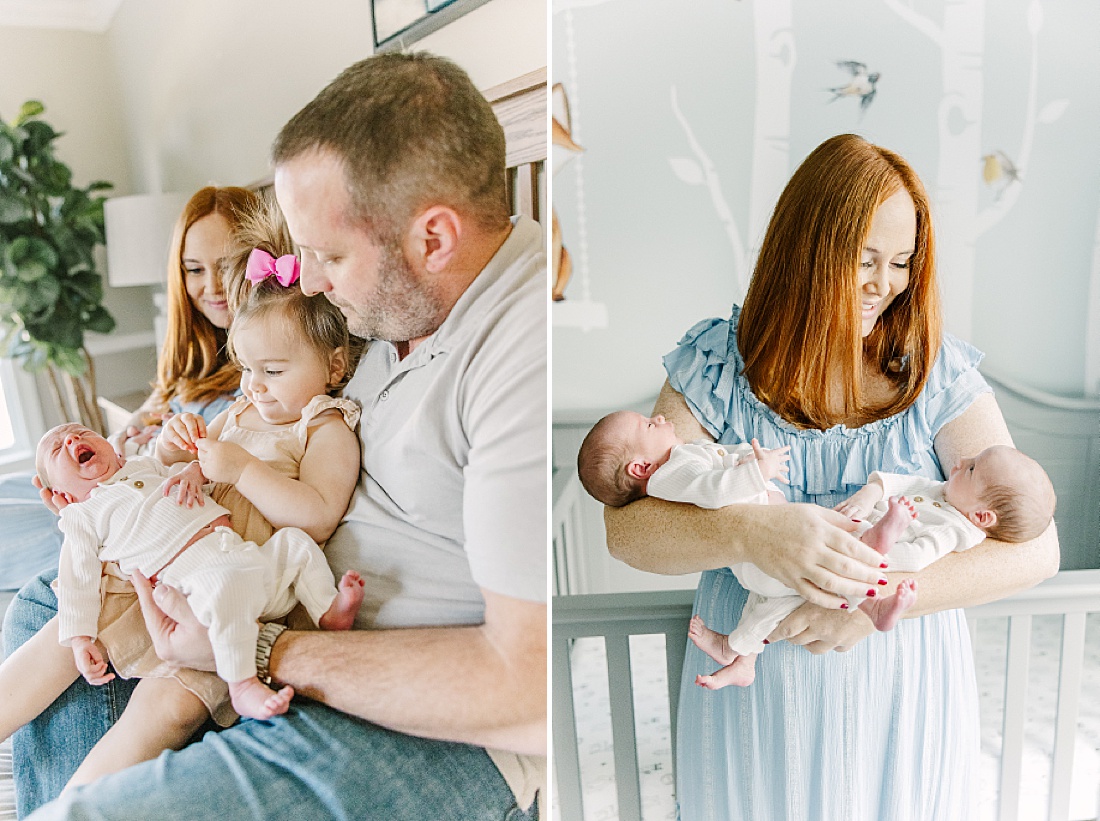 family cuddles on bed during twin newborn photo session in Natick Massachusetts with Sara Sniderman Photography